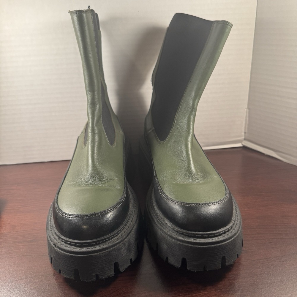 Feners Le Jour Olive Green Black Mid-Calf Chelsea Boots Block Heel Size 42 Spain
